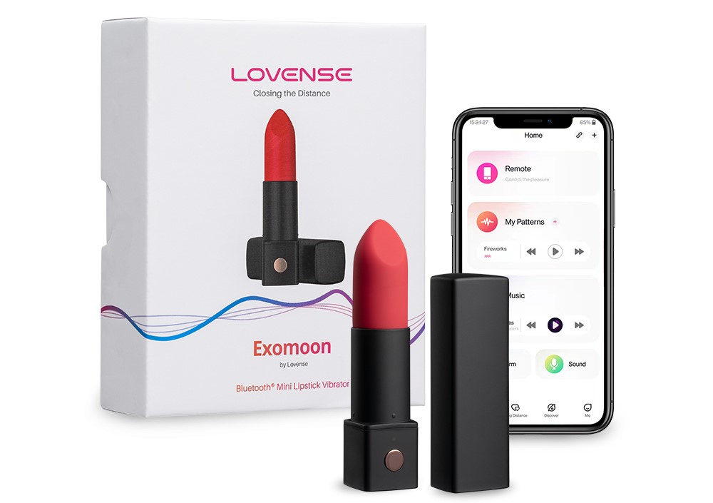 Lovense packaging Exomoon lipstick vibrator and smartphone