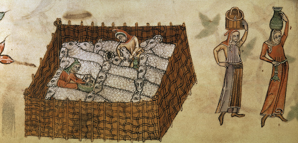 medieval painting of farmers and sheeep